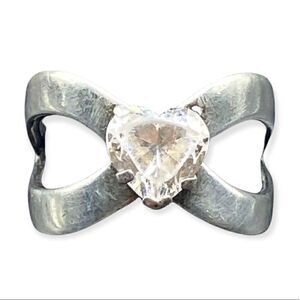 Heart CZ Ladies Bow Ring Sterling Silver size 6.75 Signed DQ Korea 925